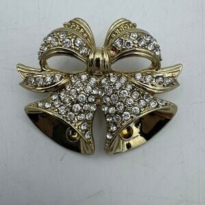 Gold Rhinestone Bell Bow Brooch Holiday Christmas Pin Vintage Statement Jewelry